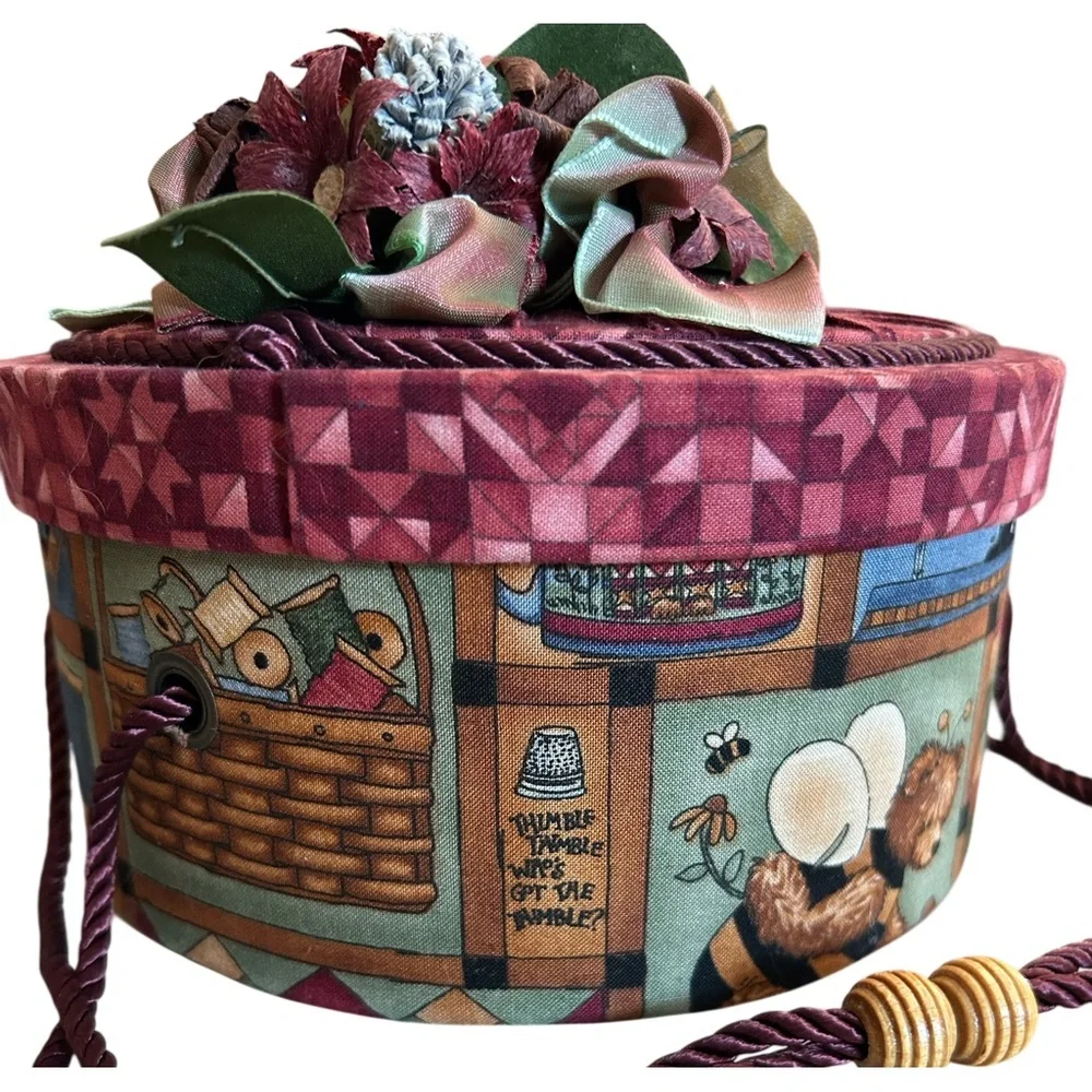 Vintage Fabric Covered Hat Box Shape Sewing Basket Organizer with Floral Accent